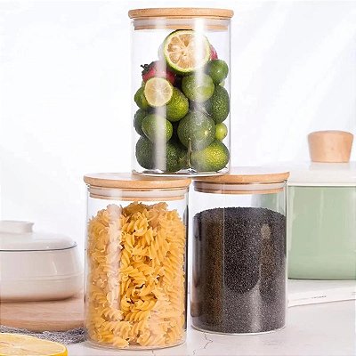 Kit 3 Potes Hermético Mantimentos Vidro Tampa De Bambu 10x8 Cm 600 Ml Organizador Alimentos