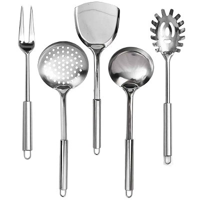 Kit 5 Utensílios De Cozinha 100% Inox Prateado