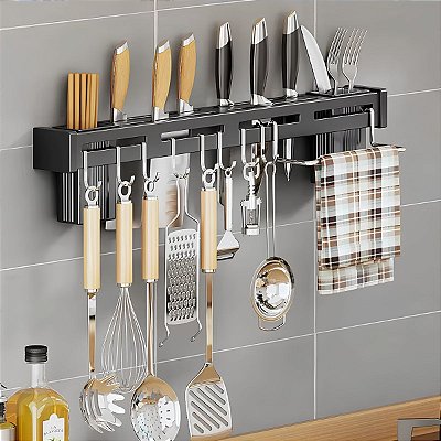 Suporte Utensilios De Cozinha P/ Parede Aço Inox 8 Ganchos