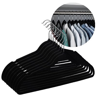 Kit 12 Cabides Veludo Adulto Roupa Não Escorrega 41x22 Preto