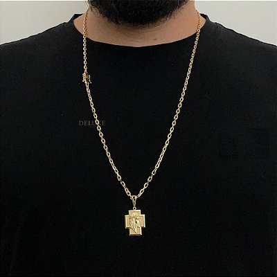 CORRENTE CADEADO( 3mm- 70Cm) + PINGENTE CRUZ COM ROSTO DE JESUS- BANHO DE OURO 18K