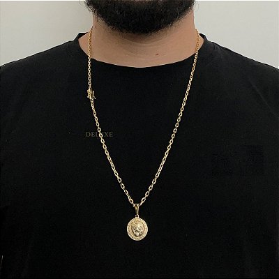 CORRENTE CADEADO( 3mm- 70Cm) + PINGENTE MEDALHA LEÃO DA TRIBO DE JUDA - BANHO DE OURO 18K