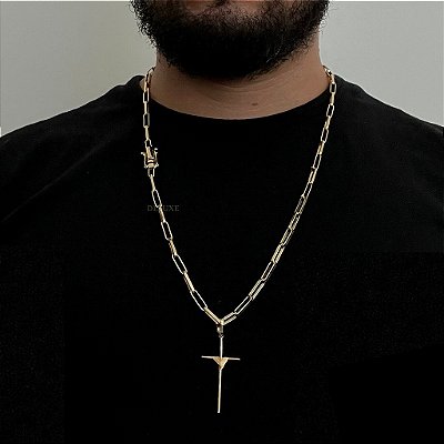 CORRENTE TIJOLINHO ALONGADO( 5mm -70Cm) + PINGENTE CRUZ AMARRADA  M - BANHADO A OURO 18K