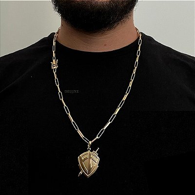 CORRENTE TIJOLINHO  ALONGADO( 5mm- 70Cm) + PINGENTE  ESCUDO DA FÉ  M - BANHADO A OURO 18K