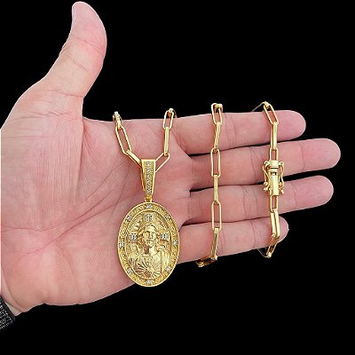 CORRENTE TIJOLINHO ALONGADO( 5mm- 70Cm) + PINGENTE MEDALHA OVAL COM ROSTO DE CRISTO CRAVEJADO G - FECHO COM MARCAÇÃO 750 - BANHADO A OURO 18K