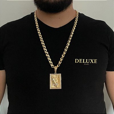CORRENTE FRISO S ( 8mm- 70Cm) + PINGENTE FÉ CRAVEJADO -   FECHO COM MARCAÇÃO 750 -  BANHADO A OURO 18K.
