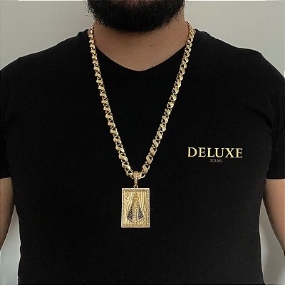 CORRENTE FRISO S( 8mm- 70Cm) + PINGENTE PLACA NOSSA SENHORA CRAVEJADA EM ZIRCÔNIA PREMIUM G - BANHADO A OURO 18K
