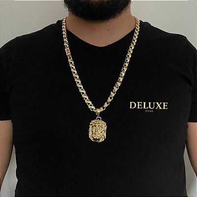 CORRENTE FRISO S( 8mm- 70Cm) + PINGENTE ROSTO DE CRISTO  G -  FECHO COM MARCAÇÃO 750 - BANHADO A OURO 18K