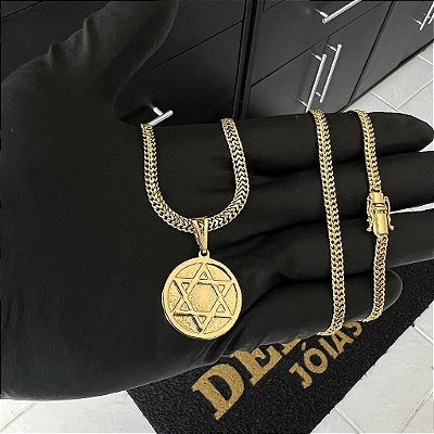 CORRENTE GRUMET DUPLA FECHO GAVETA COM MARCAÇÃO  750 (4mm - 70cm )+ PINGENTE MEDALHA ESTRELA DE DAVI MACIÇA  - BANHADO A OURO 18K