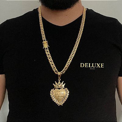 CORRENTE LACRAIA (10mm -70cm )+ PINGENTE JESUS É O DONO DO LUGAR - FECHO COM MARCAÇÃO 750 - BANHADO A OURO 18K