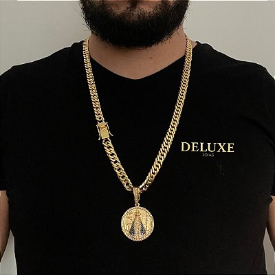 CORRENTE LACRAIA (10mm- 70cm )+ PINGENTE MEDALHA DE NOSSA SENHOA - BANHADO A OURO 18K