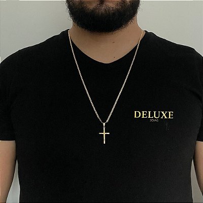 CORRENTE PIASTRINE( 1.8mm- 70cm) + PINGENTE CRUCIFIXO - BANHADO A OURO 18K.