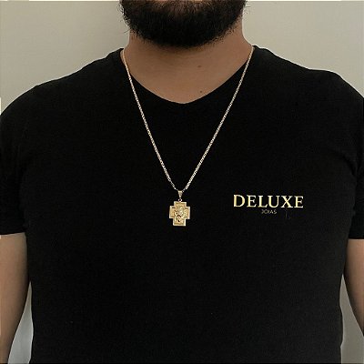 CORRENTE PIASTRINE( 1.8mm- 70cm) + PINGENTE CRUZ LEÃO DA TRIBO DE JUDA M - BANHADO A OURO 18 K
