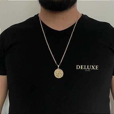 CORRENTE PIASTRINE( 1.8mm- 70cm) + PINGENTE MEDALHA ESTRELA DE DAVI MACIÇA M - BANHADO A OURO 18K.