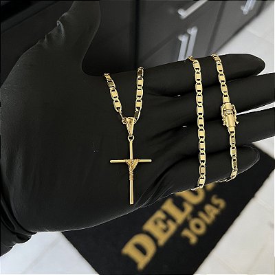CORRENTE PIASTRINE FECHO GAVETA COM MARCAÇÃO  750 (4mm - 70cm )+ PINGENTE CRUZ AMARRADA  - BANHADO A OURO 18K