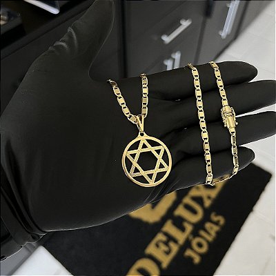 CORRENTE PIASTRINE FECHO GAVETA COM MARCAÇÃO  750 (4mm - 70cm )+ PINGENTE  ESTRELA DE DAVI VAZADA - BANHADO A OURO 18K