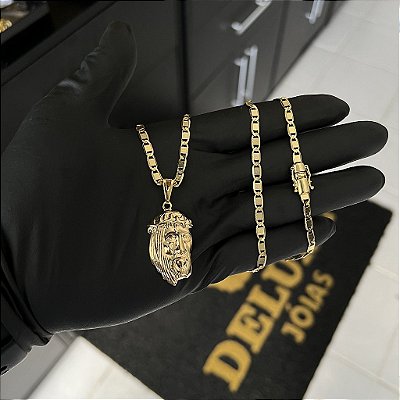 CORRENTE PIASTRINE FECHO GAVETA COM MARCAÇÃO  750 (4mm - 70cm )+ PINGENTE JESUS CRISTO  - BANHADO A OURO 18K