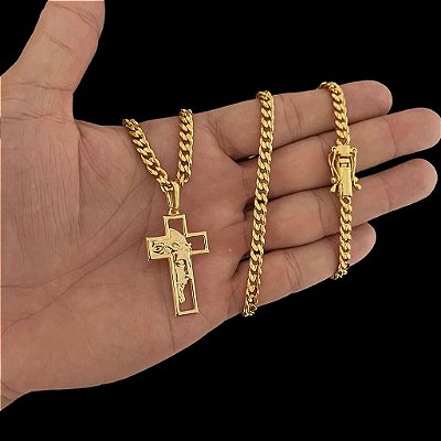 CORRENTE PITBULL (4MM- 70CM) + PINGENTE CRUZ 3D VAZADA - FECHO COM MARCAÇÃO 750 - BANHADO A OURO 18K
