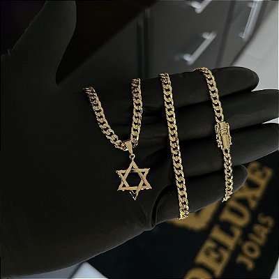 CORRENTE PITBULL (4MM- 70CM) + PINGENTE ESTRELA DE DAVI - BANHADO A OURO 18K