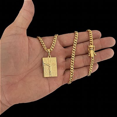 CORRENTE PITBULL (4MM- 70CM) + PINGENTE PLACA CRUCIFIXO E O PAI NOSSO  DETALHADO - FECHO COM MARCAÇÃO 750-BANHADO A OURO 18K