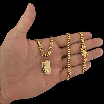 CORRENTE PITBULL (4MM- 70CM) + PINGENTE PLAQUINHA SALMOS - BANHADO A OURO 18K
