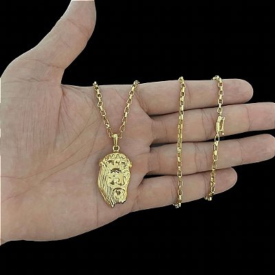 CORRENTES TIJOLINHO FECHO CANHÃO( 2mm- 70cm) + PINGENTE FACE DE CRISTO - BANHADO A OURO 18K.