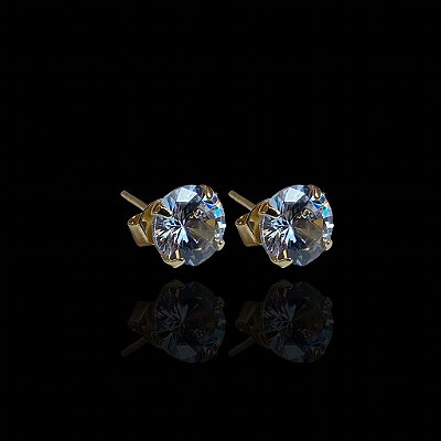 PAR DE BRINCOS SOLITÁRIO REDONDO PEDRA DE ZIRCÔNIA( 6MM) - BANHADO A OURO 18K