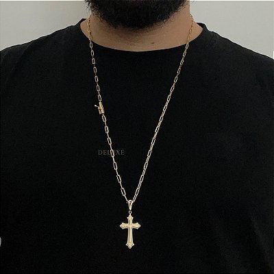 CORRENTE CARTIE FECHO CANHÃO (3MM - 60cm ou 70cm) + PINGENTE CRUZ RACIONAIS -  BANHADO A OURO 18k