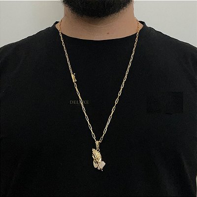 CORRENTE CARTIE FECHO CANHÃO (3MM - 60cm ou 70cm) + PINGENTE MÃO ORANDO  CRAVEJADA -  BANHADO A OURO 18k