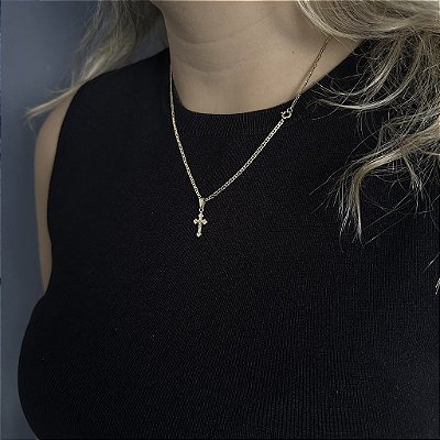 CORRENTE PIASTRINE ( 1.8 mm 50cm FEM ) + PINGENTE CRUCIFIXO PEQUENO - BANHADO A OURO 18K.