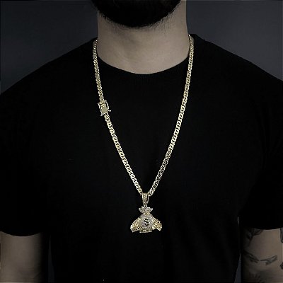 CORRENTE  OITINHO  (6mm  28G)  70cm + PINGENTE MALOTE CRAVEJADO - BANHO DE OURO