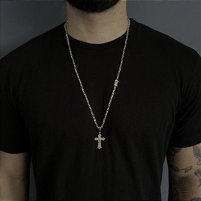 CORRENTE TIJOLINHO FECHO GAVETA ( 2MM- 70CM) + PINGENTE  CRUZ RACIONAIS - FECHO COM MARCAÇÃO 750 - BANHO DE OURO 18k
