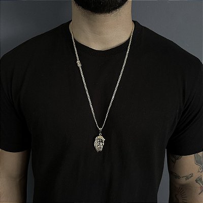 CORRENTE PITBULL (2MM- 70CM) + PINGENTE  ROSTO DE CRISTO - FECHO COM MARCAÇÃO 750 - BANHADO A OURO 18K