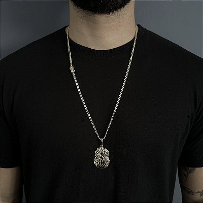 CORRENTE PITBULL (2MM- 70CM) + PINGENTE  ROSTO DE JESUS - BANHADO A OURO 18K