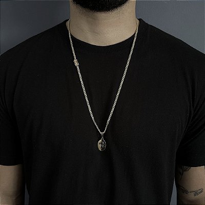 CORRENTE PITBULL (2MM- 70CM) + PINGENTE  MEDALHA OVAL COM CRUZ VAZADA - FECHO COM MARCAÇÃO 750 - BANHADO A OURO 18K