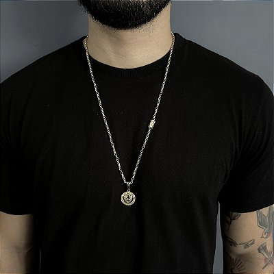 CORRENTE TIJOLINHO FECHO GAVETA ( 2MM- 70CM) + PINGENTE MEDALHA LEÃO  DA TRIBO DE JUDÁ - BANHO DE OURO 18k