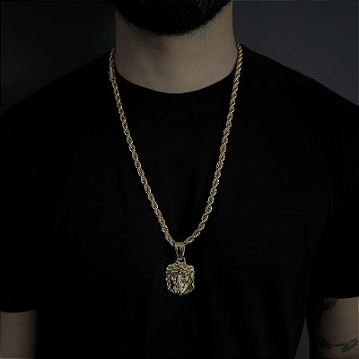 CORRENTE  BAIANA  FECHO CANHÃO ( 6mm - 60G )-  70cm + PINGENTE FACE DE CRISTO - BANHADO A OURO 18k