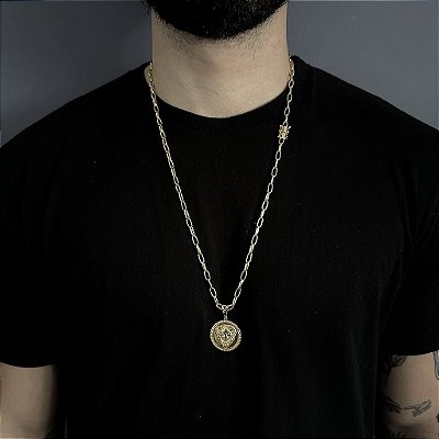 CORRENTE  CARTIE MEIA CANA ( 70cm- 4mm) + PINGENTE MEDALHA  LEÃO - BANHADO A OURO 18K