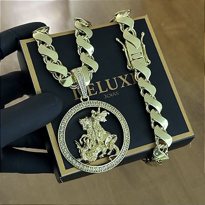 CORRENTE FRISO S DUPLA FACE ( 13mm- 70cm) + PINGENTE MEDALHA SÃO JORGE GRANDE  -  FECHO COM MARCAÇÃO 750 - BANHADO A OURO 18K