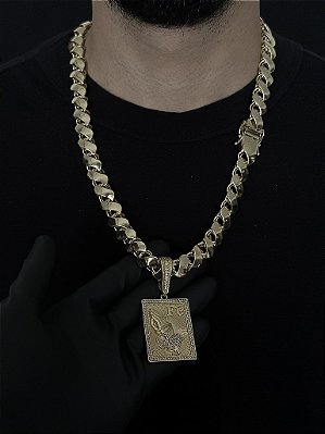 CORRENTE FRISO S DUPLA FACE ( 13mm- 70cm) + PINGENTE PLACA FÉ  CRAVEJADA - BANHADO A OURO 18K