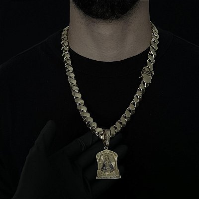 CORRENTE FRISO S DUPLA FACE ( 13mm- 70cm) + PINGENTE NOSSA SENHORA JESUS  NÃO DORME - FECHO COM MARCAÇÃO 750 - BANHADO A OURO 18K