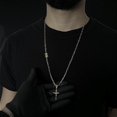 CORRENTE  TIJOLINHO ALONGADO (3mm - 18G 70 cm) + PINGENTE CRUCIFIXO -  FECHO COM MARCAÇÃO 750 - BANHO DE OURO 18k