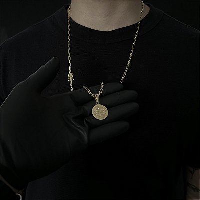 CORRENTE  TIJOLINHO ALONGADO (3mm - 18G 70 cm) + PINGENTE MEDALHA SÃO BENTO DUPLA FACE- FECHO COM MARCAÇÃO 750-  BANHO DE OURO 18k