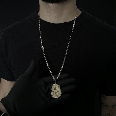 CORRENTE  TIJOLINHO ALONGADO (3mm - 18G 70 cm) + PINGENTE FACE DE JESUS 3D -FECHO COM MARCAÇÃO 750 - BANHO DE OURO 18k