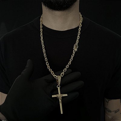 CORRENTE  CADEADO (8mm - 56G 70 cm) + PINGENTE CRUZ AMARRADA G - BANHO DE OURO 18k