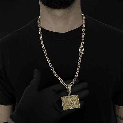 CORRENTE  CADEADO (8mm - 56G 70 cm) + PINGENTE JESUS E OS APÓSTOLOS - BANHO DE OURO 18k