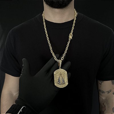 CORRENTE  CADEADO (8mm - 56G 70 cm) + PINGENTE NOSSA SENHORA MÃE DE DEUS- BANHO DE OURO 18k