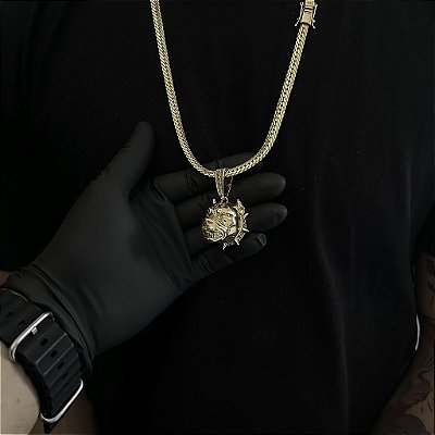 CORRENTE  LACRAIA FLAT  (6mm - 26G 70 cm) + PINGENTE  PITBULL 5D CRAVEJADO EM ZIRCÔNIA  PREMIUM - BANHO DE OURO 18k