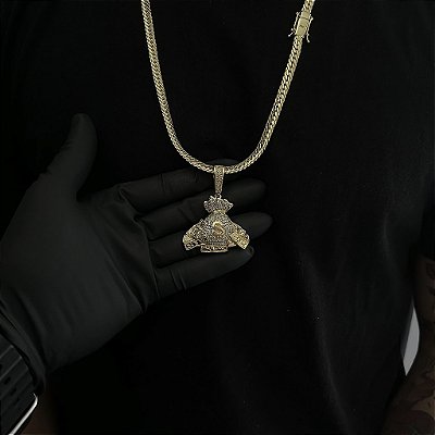 CORRENTE  LACRAIA FLAT  (6mm - 26G 70 cm) + PINGENTE MADOLE DÓLAR CRAVEJADO EM ZIRCÔNIA  PREMIUM - BANHO DE OURO 18k