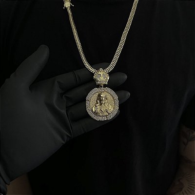 CORRENTE  GRUMET DUPLA  (7mm - 28g  70cm) + PINGENTE JESUS CRISTO COM COROA 5D  CRAVEJADA EM ZIRCÔNIA PREMIUM G - BANHO DE OURO 18k